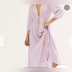 Free People Lilac Long Embroidered Dress M Gauze like Floral Boho